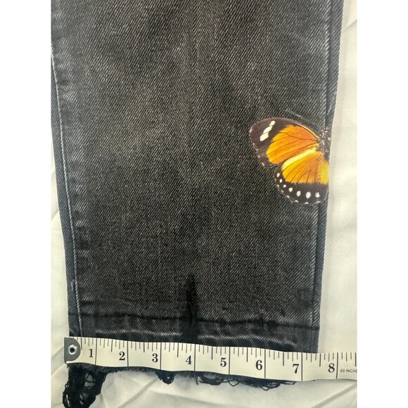 MNML Jeans Womens Size 33 Straight Butterfly Print Black 5 Pocket Raw Hem - Picture 5 of 8